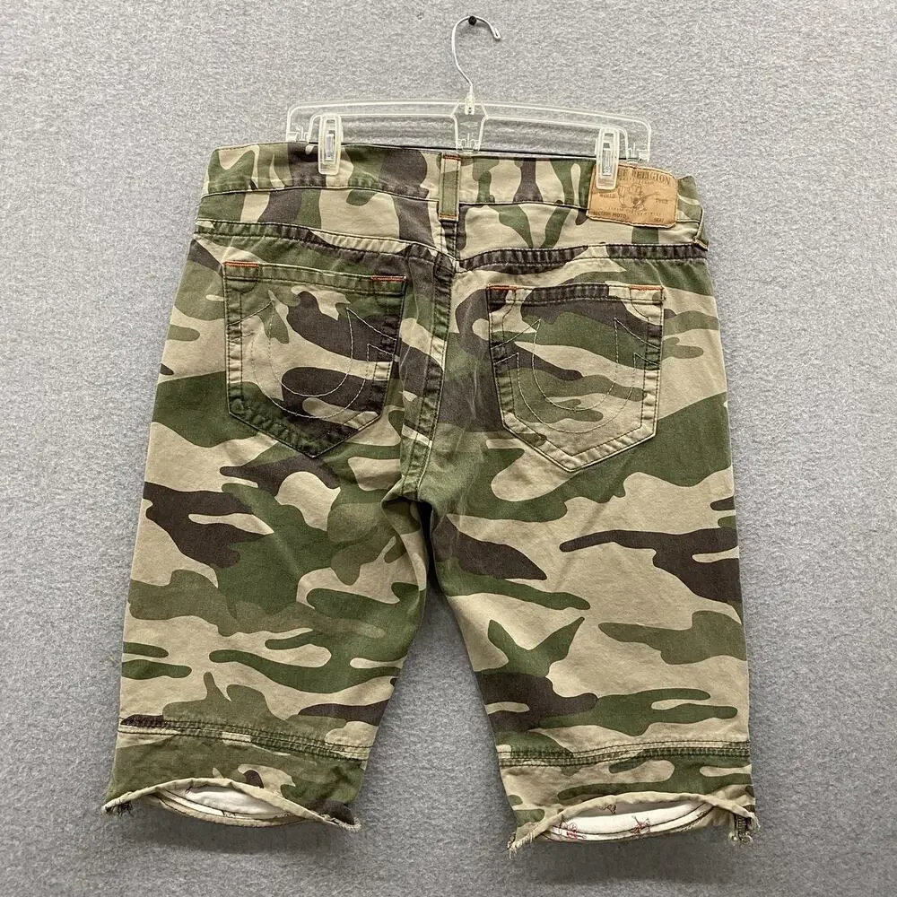 True Religion Moto Cutoff Shorts Mens 38 Camo Y2K Streetwear Distressed